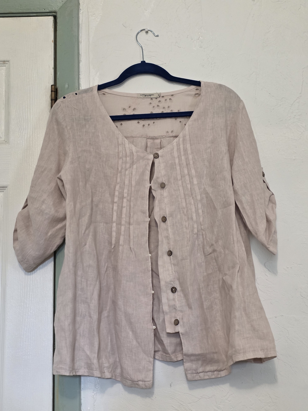 Cream Linen Pintuck Button-Front Blouse Made In Italy